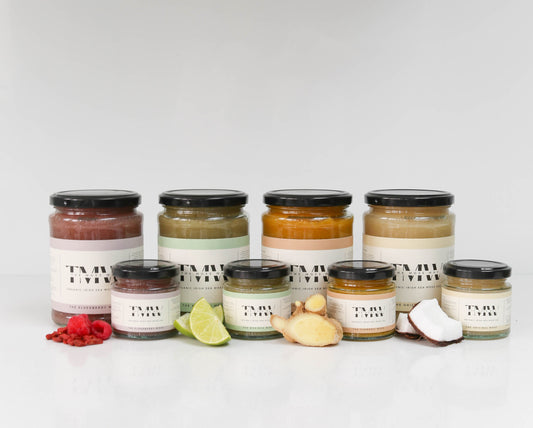 our four flavours of rish sea moss gels in small and large jars